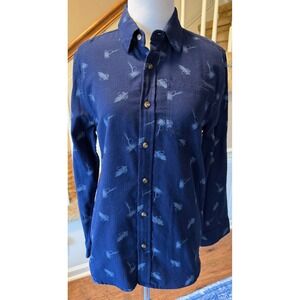 Ocean Coast Kids L Blue Long Sleeve Button Up Shirt Fly Fishing Lures Cotton